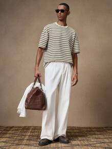 AKNOTIC Business Casual 男士休闲条纹宽松短袖圆领T恤，夏季 - 杏色 - 查看 3