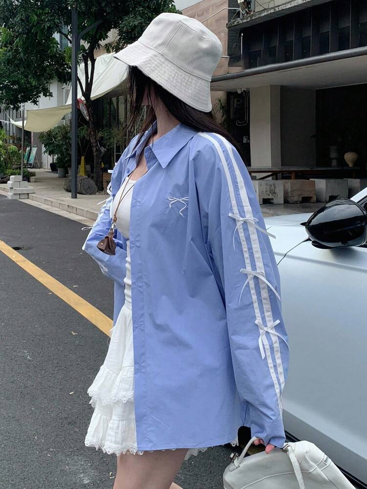 Women's Contrast Color Ribbon Bow Print Loose Casual Blouse Fall Tops Long Sleeve Top