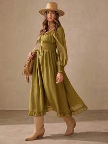 Wildy Rochie casual cu mânecă lungă, stil american rustic, culoare verde salvie, mâneci evazate - Verde - Vizualizare 5