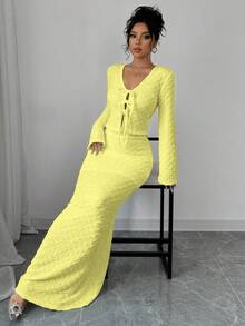 Selianne 2pcs Set: Textured Solid Color Long Sleeve Top And Skirt Fall Cloth For Women - Light Yellow - View 6