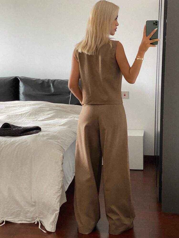 Women's Casual Solid Color Vest And Wide Leg Pants 2 Pieces Set, Autumn