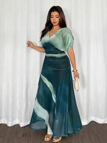 Firerie 大码优雅度假扎染褶饰 V 领松紧腰飘逸连衣裙，舒适休闲，春夏 - 彩色 - 查看 6