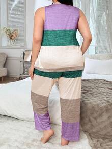 SHEIN 大码多色条纹印花休闲家居睡衣套装 - 彩色 - 查看 2