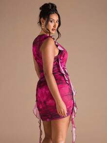 SHEIN BAE Plus Size Women Mesh Floral Print Ruffle Tie Waist Mini Dress - Black - View 2