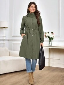 Miaspire Women's Fall And Winter Trench Jacket, With Functional  And  Fabric, Hooded Design, Drawstring Waist, Zipper Cardigan Design, Suitable For Going Out, High Collar  Collar Design, Multiple Design Points Of Side Pockets Long Windbreaker Jacket,Zip Up Hooded For Women - Army Green - View 8