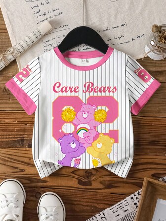 SHEIN X Care Bears Young Girl Cartoon Letter & Number Graphic Short Sleeve Casual T-Shirt, Comfortable White Striped Sports Jersey, Small Size