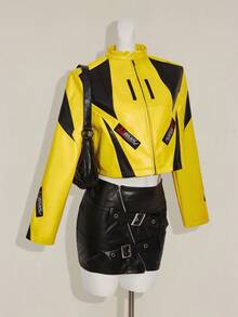 SHEIN ICON 女士秋冬街头时尚机车风黄色和黑色撞色宽松短款黄色夹克 Y2k 赛车女式摩托车 - 黃色 - 查看 6