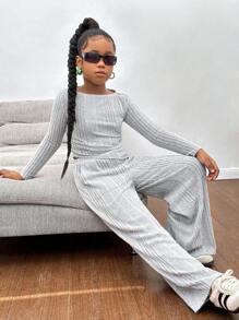 SHEIN مجموعة بنطلون ولباس علوي كاجوال رمادية للمراهقات، بأكمام طويلة غير متماثلة مصنوعة من الأقمشة المحبوكة المرنة، وبخصر مربوط بسحاب، مناسبة للخريف والشتاء