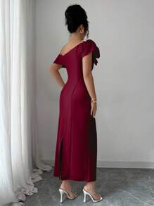 Modelyn Vestido de fiesta elegante francés con hombros oblicuos y decoración floral para mujer - Burdeos - Ver 2