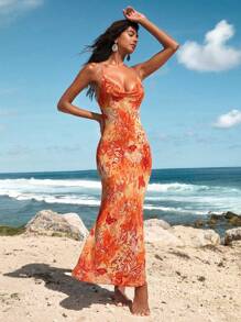 Opulessa Váy không tay in dệt cho nữ - Màu Cam cháy - Xem 3