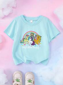 My Little Pony X SHEIN 年轻女孩休闲可爱卡通彩虹字母图案短袖T恤，夏季 - 藍色 - 查看 1
