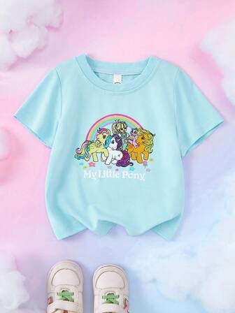 My Little Pony X SHEIN Young Girl Casual Cute Cartoon & Rainbow Letter Graphic Short Sleeve T-Shirt, Summer