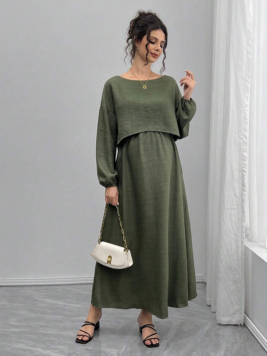 Momance 2 件孕妇套装：宽松船领长袖上衣和 A 字腰抽绳裙 - 綠色 - 查看 1