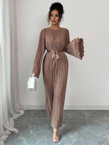 Elenzga Standard Size Women's Elegant Midi Dress With Flared Sleeves, Pleated Waist Tie Design Fall Cloth For Women