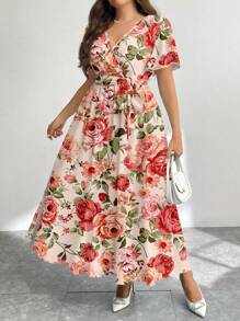 Firerie 复古玫瑰花卉印花休闲宽松大码连衣裙，简约花卉图案，适合秋冬季 - 乾枯玫瑰色 - 查看 3