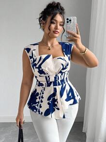 Elenzga 大码女式雪纺数码印花方领无袖收腰不对称下摆休闲度假浪漫优雅女式上衣工作夏季连衣裙 - 藍色 - 查看 3