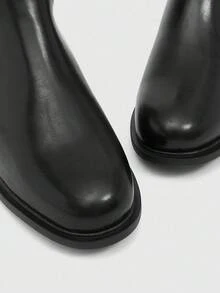 CUCCOO BIZCHIC 时尚英伦风女式后拉链靴，黑色针织弹力圆头平底厚底踝靴，圣诞节必备