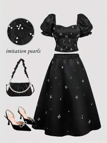 SHEIN MOD طقم أنيق من قطعتين من الساتان الأسود المزين بالخرز، مقاس كبير، بلوزة بأكمام منتفخة وتنورة متوسطة الطول واسعة، باللون الأسود، مناسب للحفلات والمناسبات الرسمية وموسم التخرج، أنيق ورومانسي - الأسود - مشاهدة 12