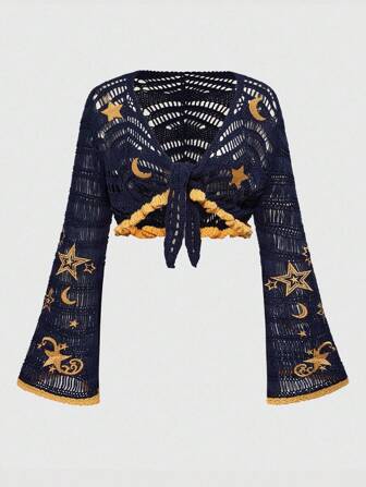Hippie Women's Hippie Bohemian Style Moon & Star Embroidered Crochet Flare Sleeve Cardigan