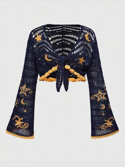 Cardigan con maniche a sbuffo, stile boho hippie da donna, con ricamo di luna e stelle