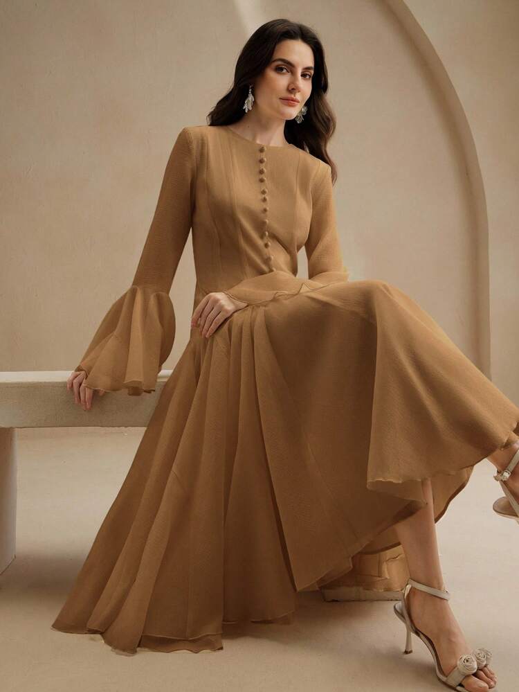 Elegant Milky White Long Sleeve Flared Dress With Button Flare Sleeves