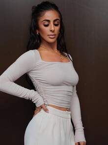 SAYEHFBABY Women's Solid Color Crew Neck Long Sleeve Casual T-Shirt With Side Drawstring