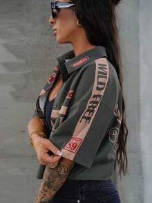 SAYEHFBABY 女士 Ricing 返校节运动图案短款宽松绿色衬衫、短袖上衣 - 軍綠色 - 查看 5