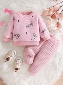 SHEIN 2 Stücke Baby Mädchen Jacke mit Schleifendekor, Rundhalsausschnitt, Langarm & Hose mit elastischem Bund, Kinderkleidung, Babykleidung, geeignet für Herbst/Winter, Party & Alltag