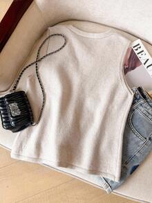 SHEIN Frenchy 女士休闲无袖针织背心，植物刺绣V领单排扣，秋季女装，休闲女装，冬季 - 杏色 - 查看 2