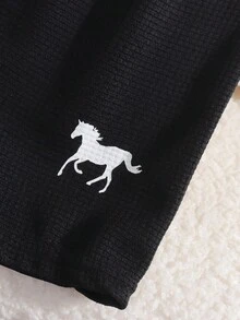 SHEIN 3 件套婴儿/男婴夏季套装：2 合 1 华夫格面料蓝色圆领上衣和短裤（带帽子），适合日常户外玩耍、上学、度假 - 优雅风格，适合家庭休闲、运动和聚会 - 黑色 - 查看 5