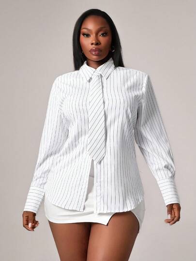 SHEIN SXY 大码女式秋冬、春夏优雅华丽性感基本款可调节腰部衬衫，具有紧腰效果，配有同色领带