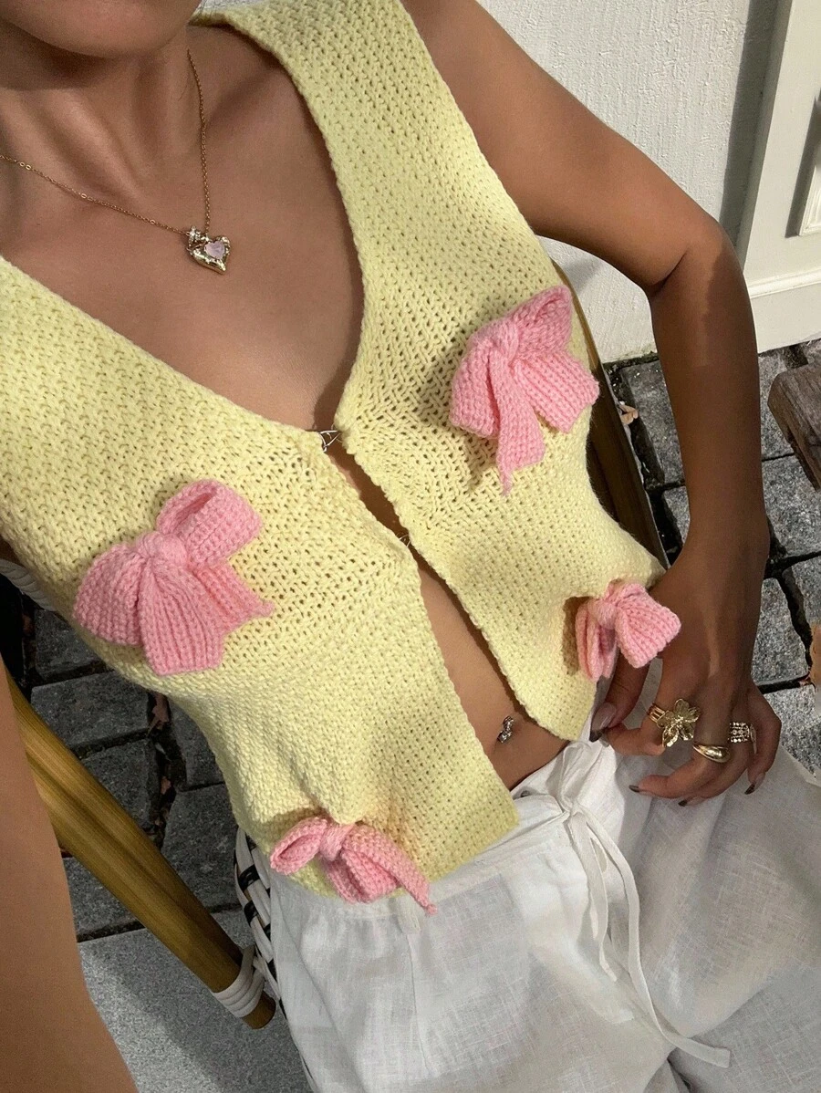 Sunnyshic Vintage American Casual Vacation Women's Black & Beige Striped V-Neck Sleeveless Sweater Vest - Multicolor - View 1