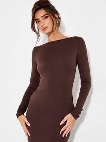 KIZN Elegant Chain Back Detail Maxi Dress With Long Sleeves Evening Wedding Guest Full Length Backless Gown Fall Winter Party Bodycon Design - Black - View 4