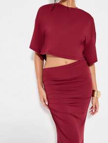 KIZN Two Piece Crop Top Maxi Skirt Co-Ord Holiday Evening Party Occasion Long Formal Dinner Wedding Guest Outfit With Ruching Detail - Red - View 3