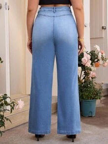 SHEIN Tall CURVE 大码女式高腰阔腿宽松休闲百搭牛仔裤 - 藍色 - 查看 2
