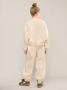 Tween Girl Casual Knit White Solid Stand Collar Long Sleeve Sweatshirt Set,Mommy And Me Matching Outfits,Autumn Back-To-School Winter Outfits,School - Beige - View 7