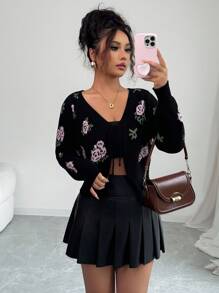 Modelyn 女士优雅花卉提花系带短款开衫 - 黑色 - 查看 7