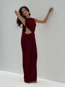 Aloruh 女式纯色褶皱圆领镂空无袖连衣裙 - 酒紅色 - 查看 8