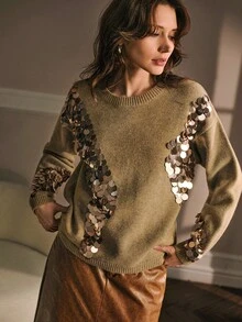 MOTF PREMIUM 撞色亮片落肩宽松毛衣 - 卡其色 - 查看 5