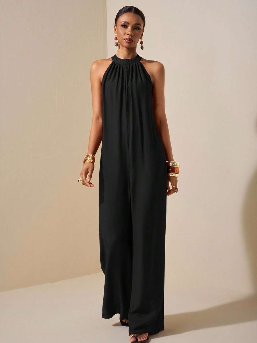 Zivah Beach New Spring And Summer Leisure Vacation Daily Commuting Halter Neck Round Neck Sleeveless Ultra-Loose Wide-Leg Plus-Length Pants Women's Jumpsuit