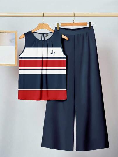 SHEIN Clasi Casual Vacation Style Nautical Red, Blue & White Striped Blouse With Navy Blue Pants, Suitable For Summer Vacation, College Style, Old Money Style