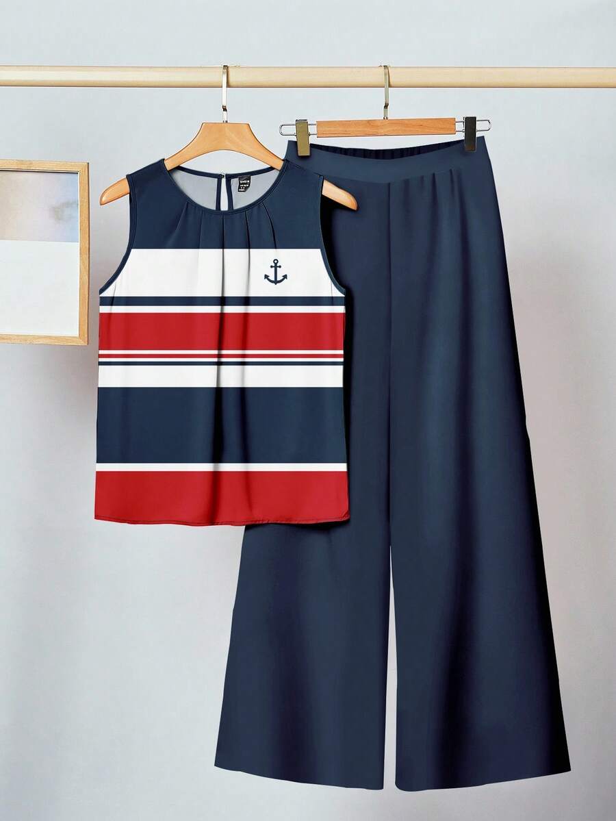 SHEIN Clasi Casual Vacation Style Nautical Red, Blue & White Striped Blouse With Navy Blue Pants, Suitable For Summer Vacation, College Style, Old Money Style - Multicolor - View 1