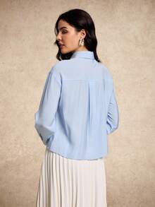 House of One 透明欧根纱系带领扣衬衫女式优雅秋季 - 淺藍色 - 查看 2