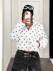 BamGleam Women's Polka Dot Casual Long Sleeve Zip Front Winter Jacket Fall Cloth For Women