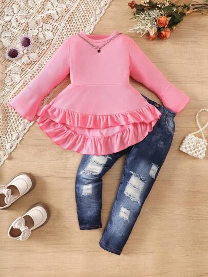 SHEIN 2pcs Girls New Long Sleeve Top And Jeans Pants Set, Autumn