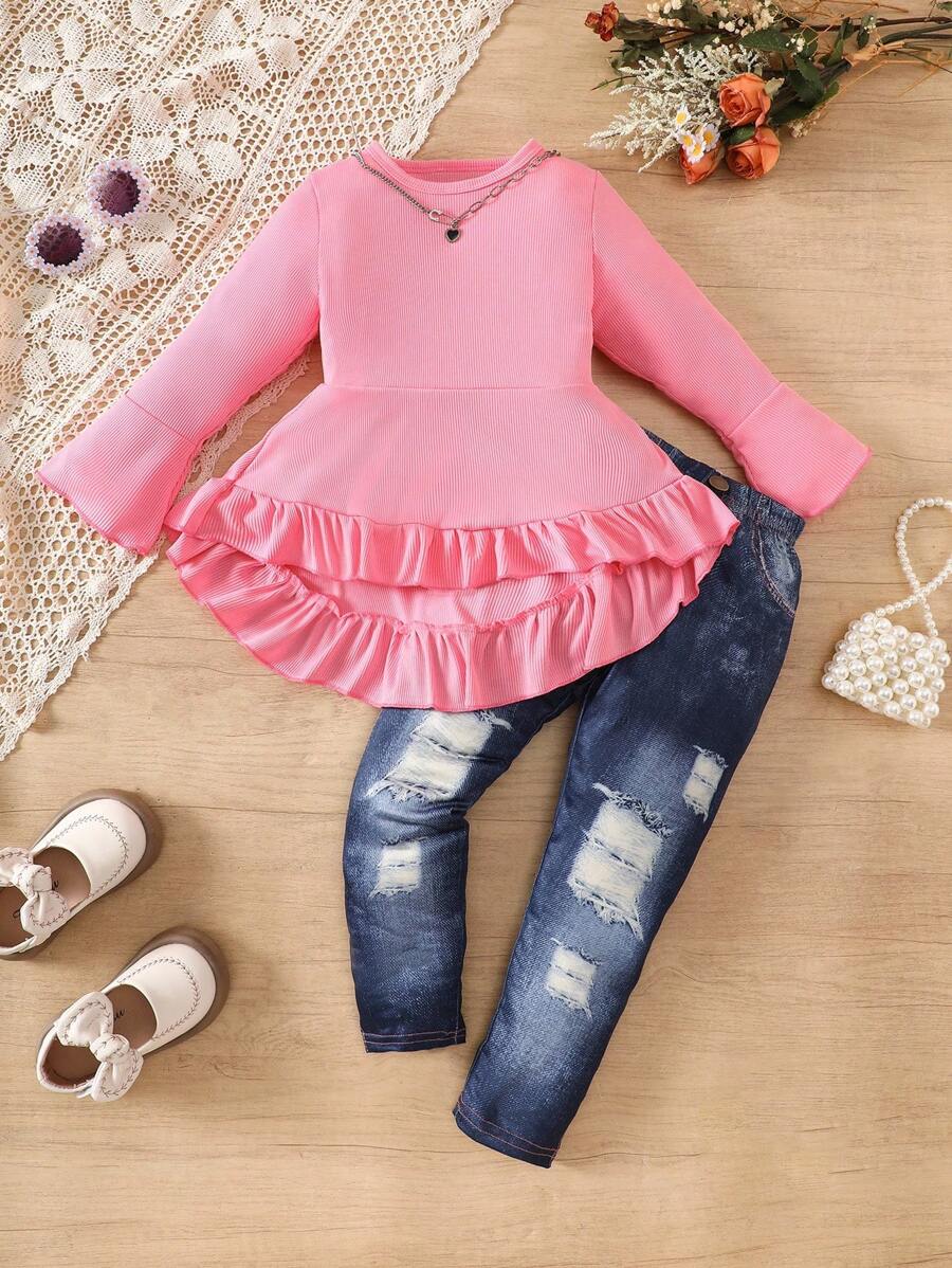 SHEIN Bộ 2 áo dài tay và quần jeans mới cho bé gái, mùa thu - Màu Hồng Tươi - Xem 1