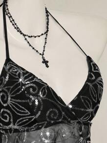 SHEIN ICON Women's Y2K Sexy Sequin Mesh Backless Halter Neck Top Sequin Tank Top Clubbing Tops - Black - View 8