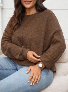 Plus Size Solid Color Casual Pullover Sweatshirt, Autumn/Winter - Coffee Brown - View 4