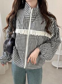 FRIFUL Jaqueta Casual Feminina de Viagem com Babado Xadrez