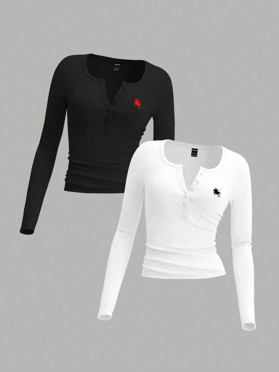 SHEIN EZwear 2pcs Pony Pattern Knitted Long Sleeve T-Shirt For Women, Suitable For Spring, Autumn & Winter,Fall Clothes For Women,Fall Tops - Multicolor - View 1